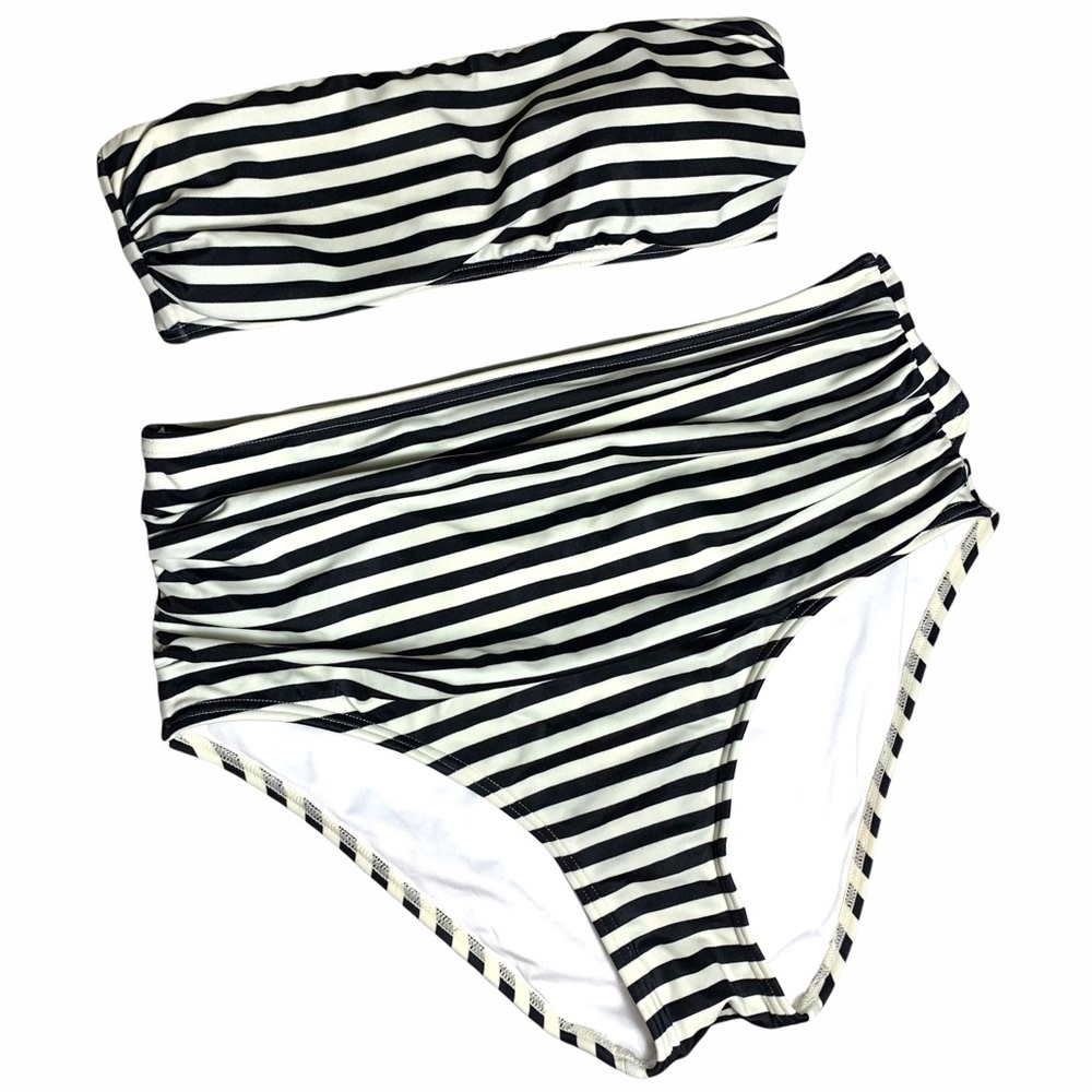 VS Victoria's Secret Black White Striped Bikini Tube Top High Rise Bottoms Set